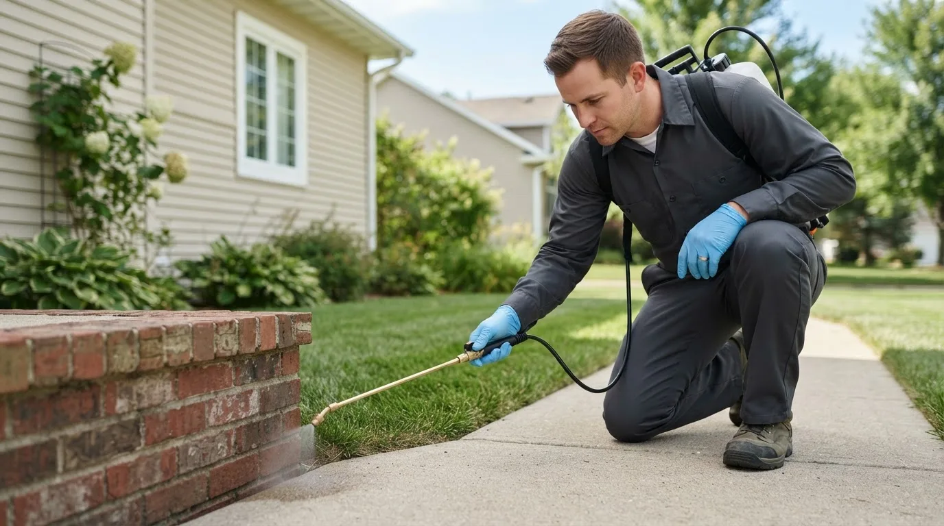 Pest control technician treating a home near Coalmont, IN