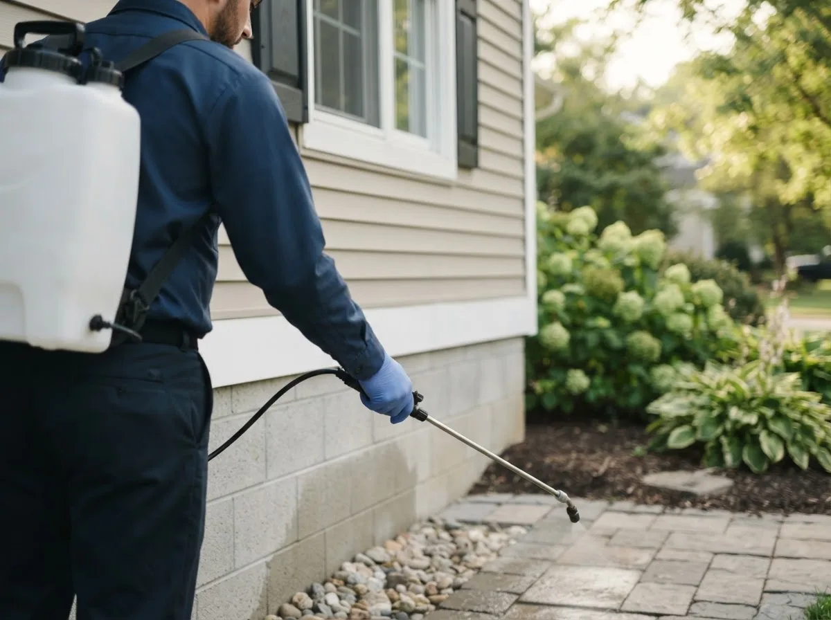 Pest control technician inspecting a home in Coalmont, IN